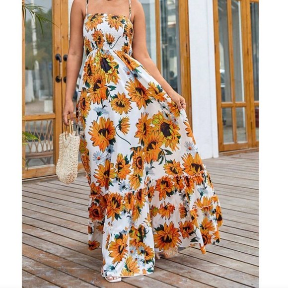 . Dresses & Skirts - White & Yellow Boho Womens Floral Print Ruffle Hem Cami Dress